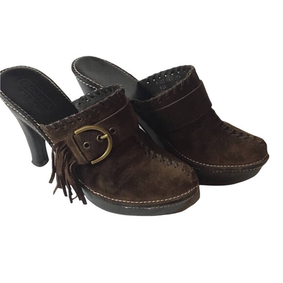 Coach Katryna Brown Suede Fringe Mule Clog Heels Boho Buckle Slip On 7B - Picture 6 of 9